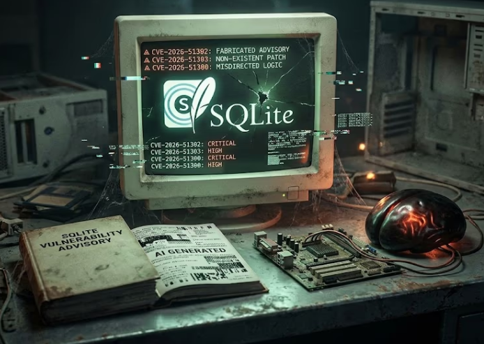 an old computer that is taken apart and a CRT monitor showing a SQLite logo and text about SQLite CVEs. the image is clearly AI-generated