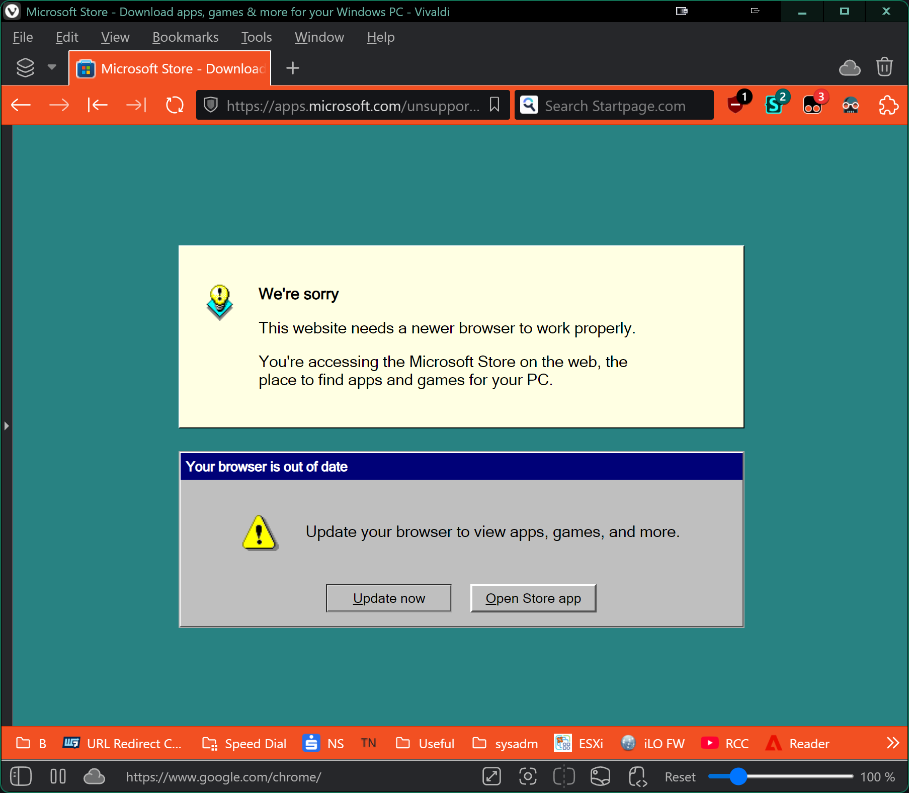 apps.microsoft.com/unsupported-browser in Vivaldi, with Update Now button linking to google.com/chrome