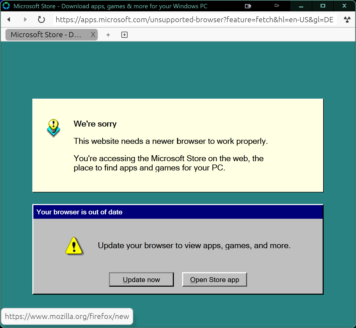 apps.microsoft.com/unsupported-browser in Servo, with Update Now button linking to mozilla.org/firefox/new