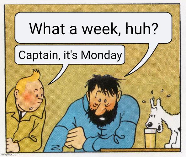 The "what a week, huh?" (spoken by Captain Haddock) meme. The response from Tintin: "Captain, it's Monday."