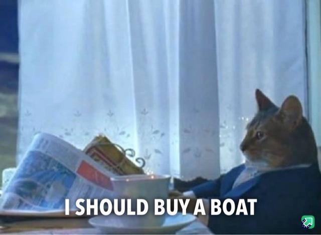 A cat in a coat and tie sitting at a table with a cup of coffee and a newspaper, humorously contemplating, "I should buy a boat."