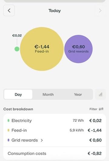 Die angezeigten Stromkosten sind 0.02 Euro Strom, -1.44 Euro Einspeisung und 0.60 Gewinn aus netzdienlichem Einsatz.