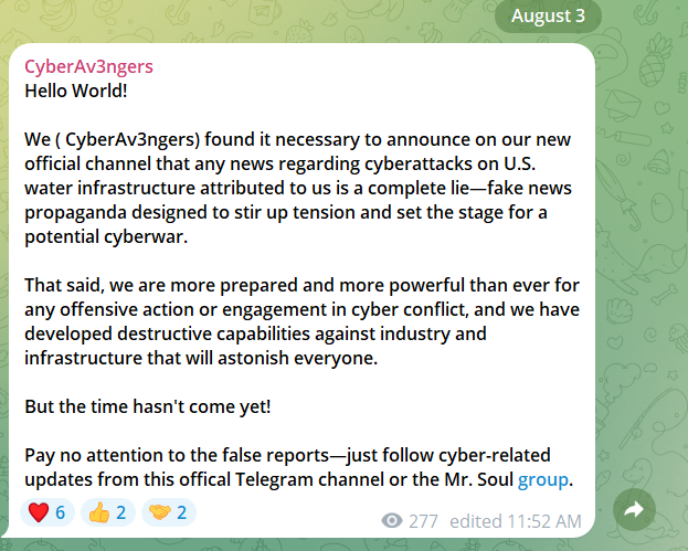 A post on Cyb3rAvengers Telegram account that concludes "Pay no attention to the false reports -- just follow cyber-related updates from this official Telegram channel or the Mr. Soul Group.