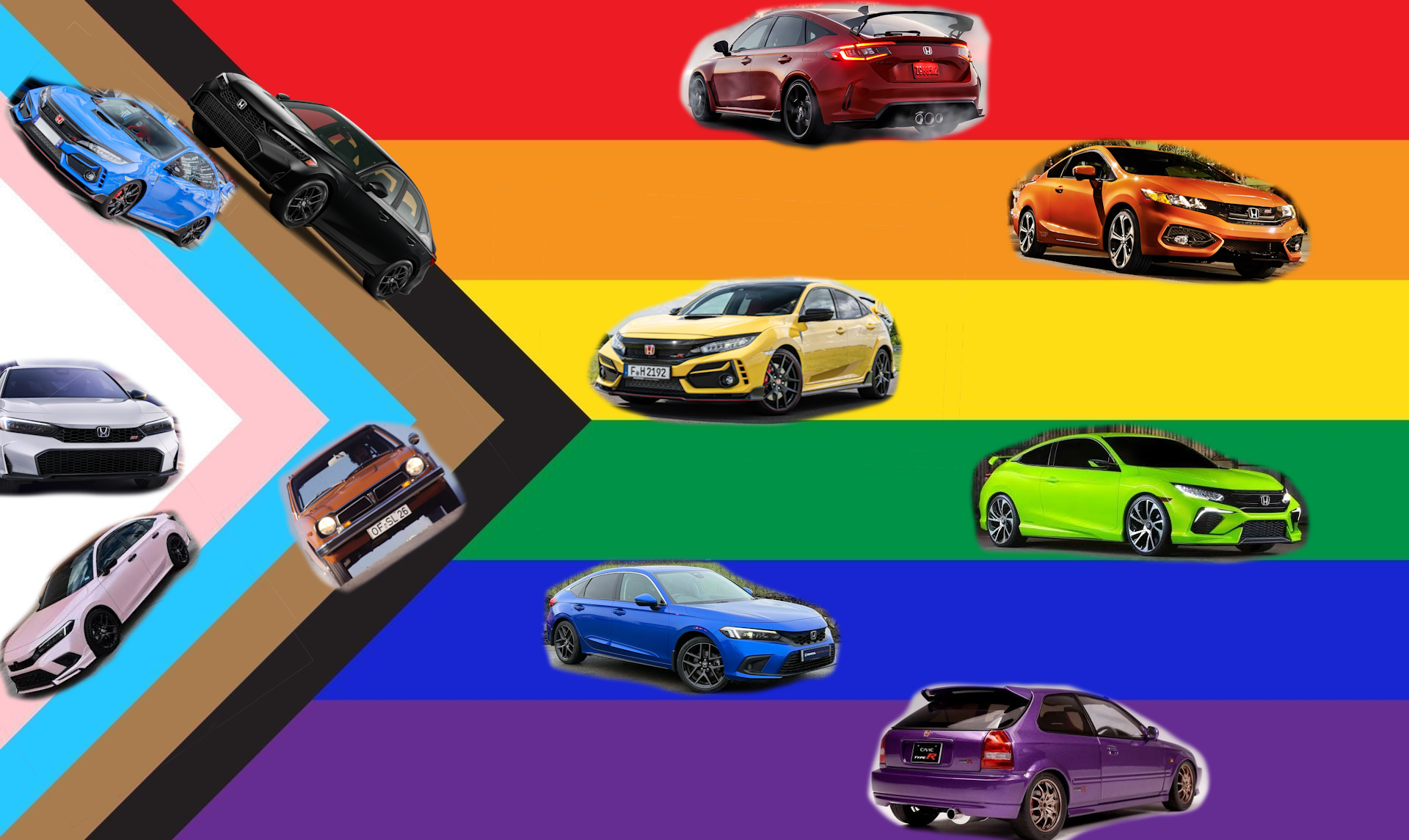 Its the progress pride flag, but each colour triangle or line has a matching Honda Civic added to it
