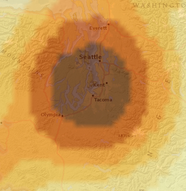 map of Seattle region showing dark brown circle covering Seattle and lighter rings radiating outward to the mountains; Wednesday 5AM prediction