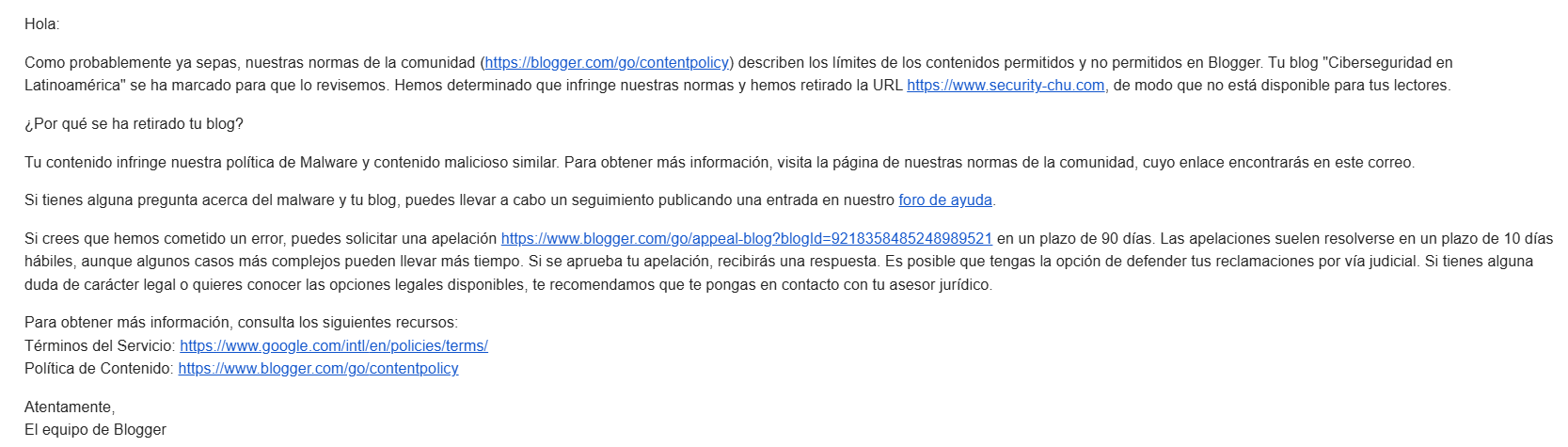 Dear friend, I was told it was due to malware and malicious content, but that's not the case; I don't know why this happened.