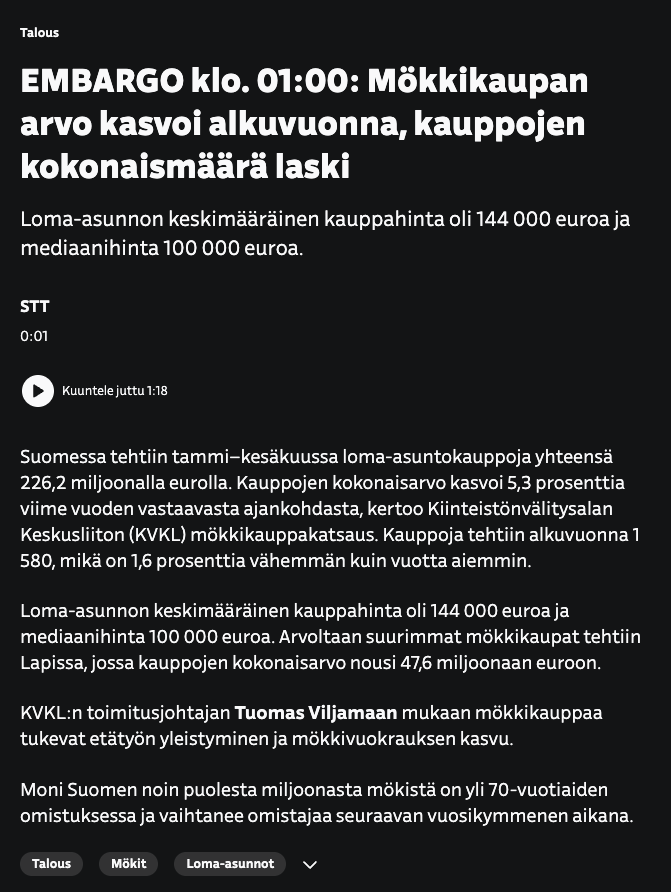 "EMBARGO klo. 01:00: Mökkikaupan arvo kasvoi alkuvuonna, kauppojen kokonaismäärä laski"