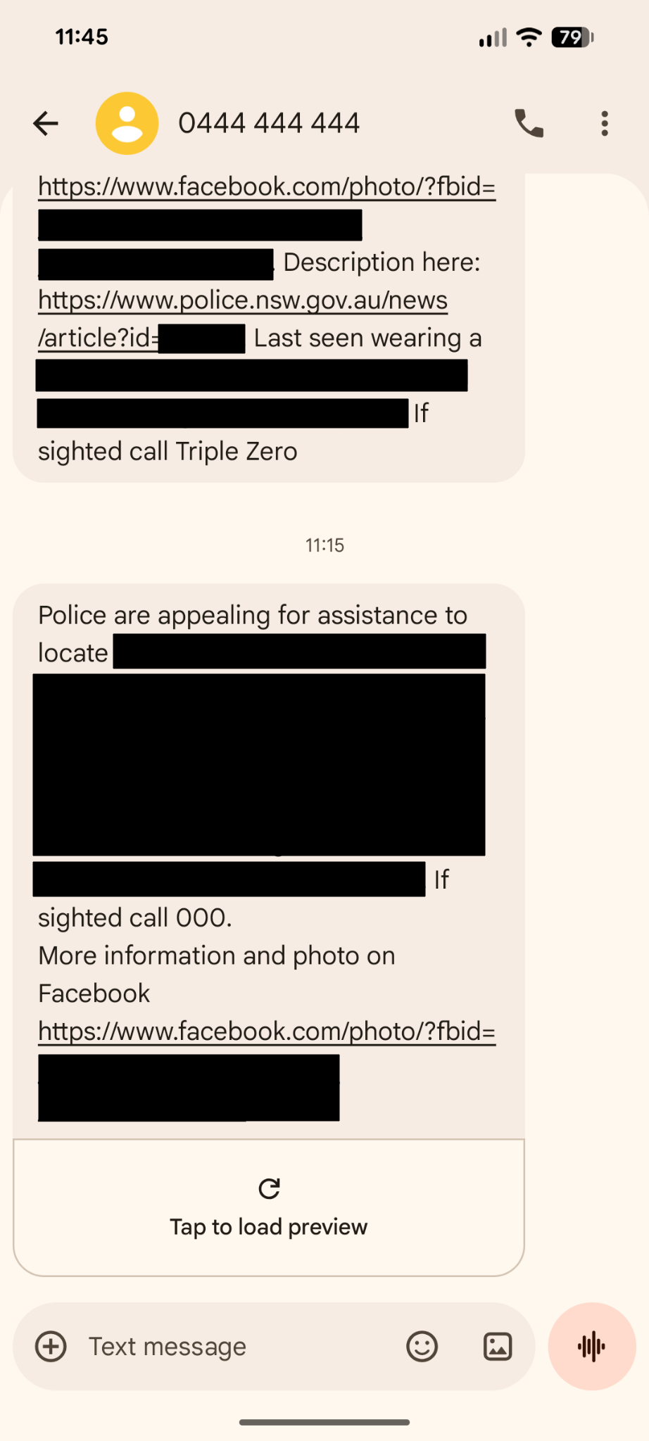 Screenshot of missing persons alert SMSes received on an Android phone from the NSW Police geo-targetting number, 0444 444 444. An old alert has both a Facebook URL and a police.nsw.gov.au URL. The recent alert has only a Facebook URL. Specifics of the persons sought have been redacted.