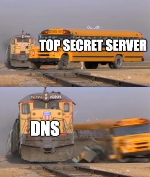 A split image features a train colliding with a school bus, with the top a bus labeled "TOP SECRET SERVER" and the bottom a train wrecking it labeled "DNS." 

The scene humorously depicts a dramatic impact, symbolizing the vulnerability of secret servers to DNS-related issues.
