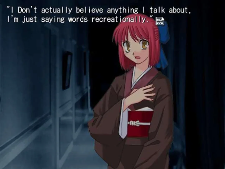 An anime character with red hair and the caption "I don't actually believe in anything I talk about, I'm just saying words recreationally"