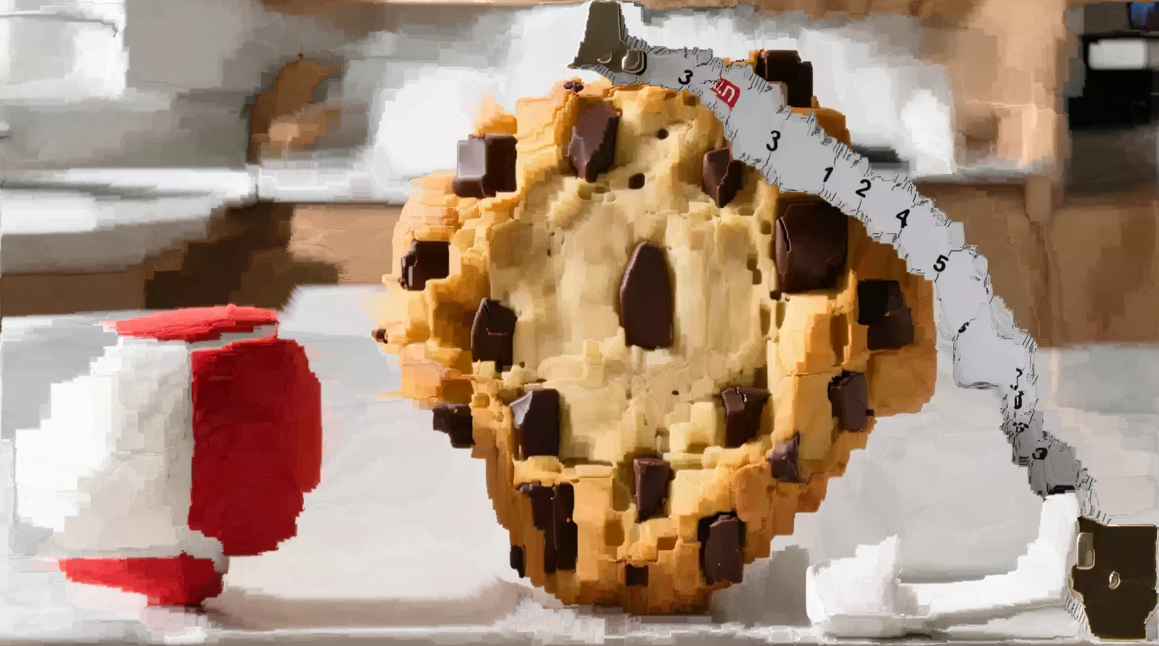 an image that was originally slop, containing a cookie, a ball, and a ruler, in a kitchen. it has been crunched down and expanded back up again by a content-aware fill algorithm, leaving it distorted.