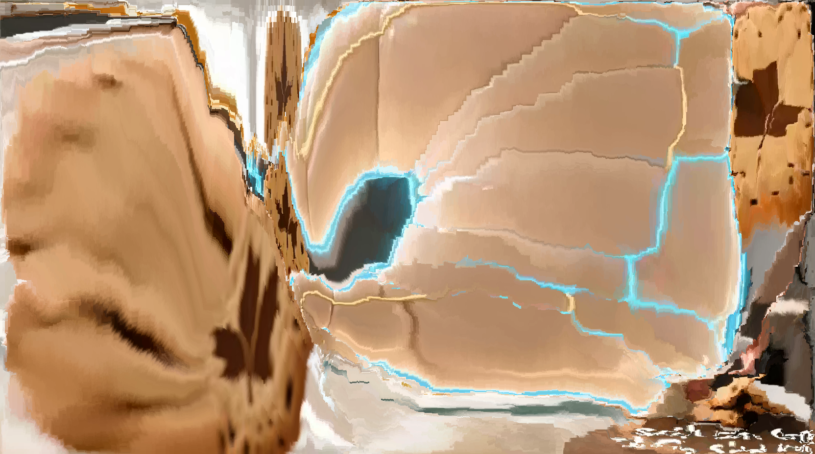 digitally exaggerated supposedly-cookies with maple leaf designs, along with a salmon-toned shape with gold-and-blue crackles. a small corner of the image at the bottom right contains some unidentifiable structures that were not preserved in the scale-down/scale-up process.