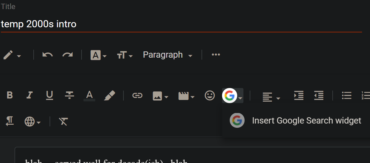 Screenshot of Blogger's edit screen showing a new "AI" gadget in the toolbar.
