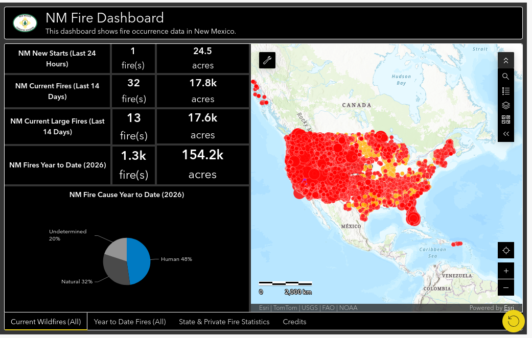 WebGL Dashboard from the New Mexico Energy Minerals and Resources department.  The right half is a display of the United states where each fire is a red circle.  Most of the land inside the united states reports a fire making the United states mostly red.