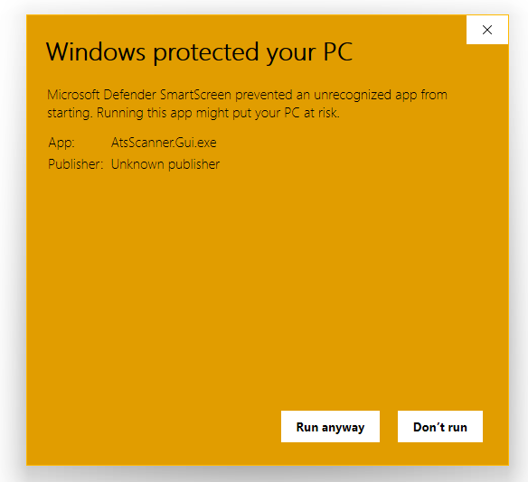 Windows security blocking AtsScanner.Gui.exe but I am running it anyway!