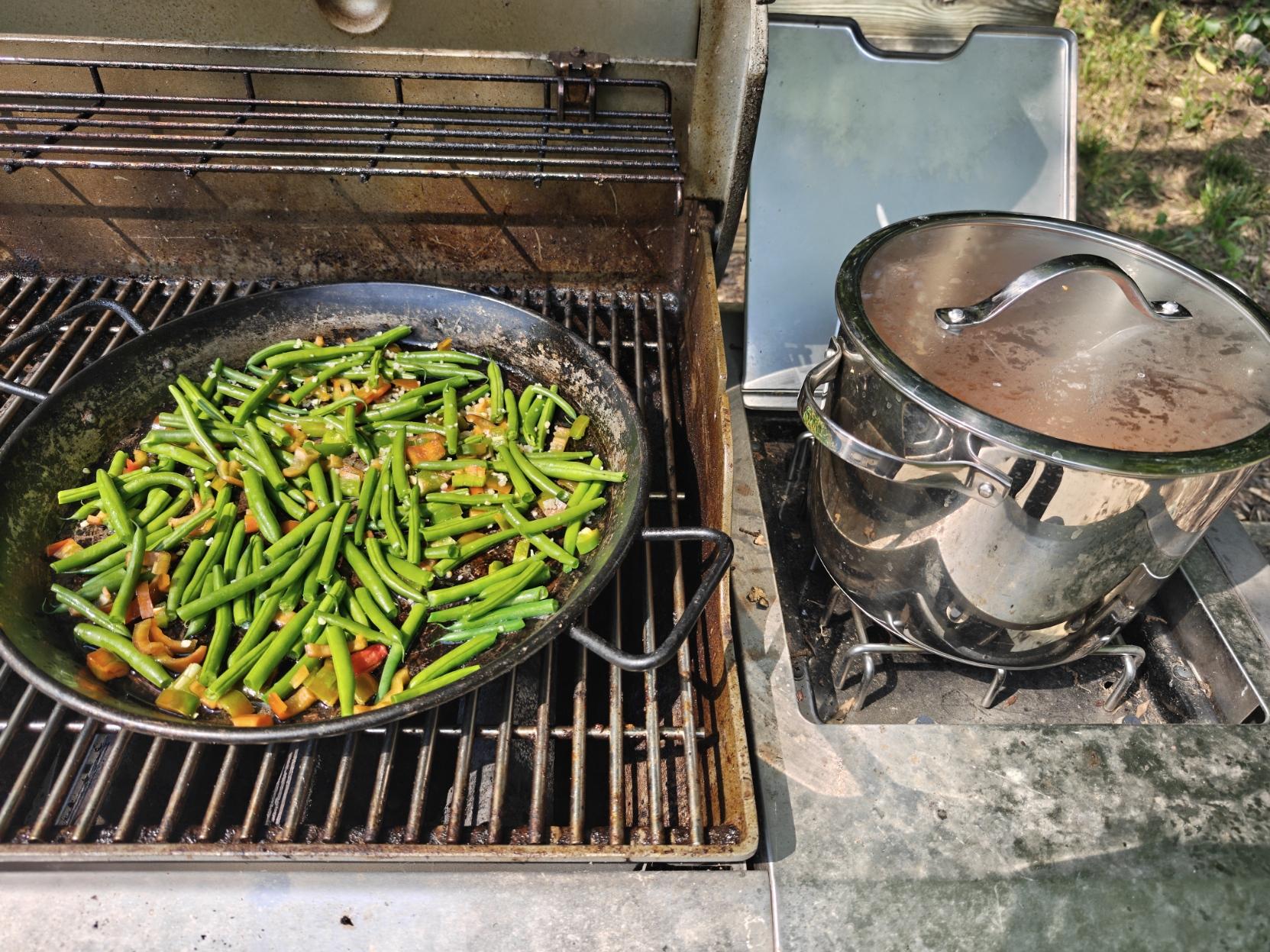 On the grill, got the veggies in. All fresh picked!