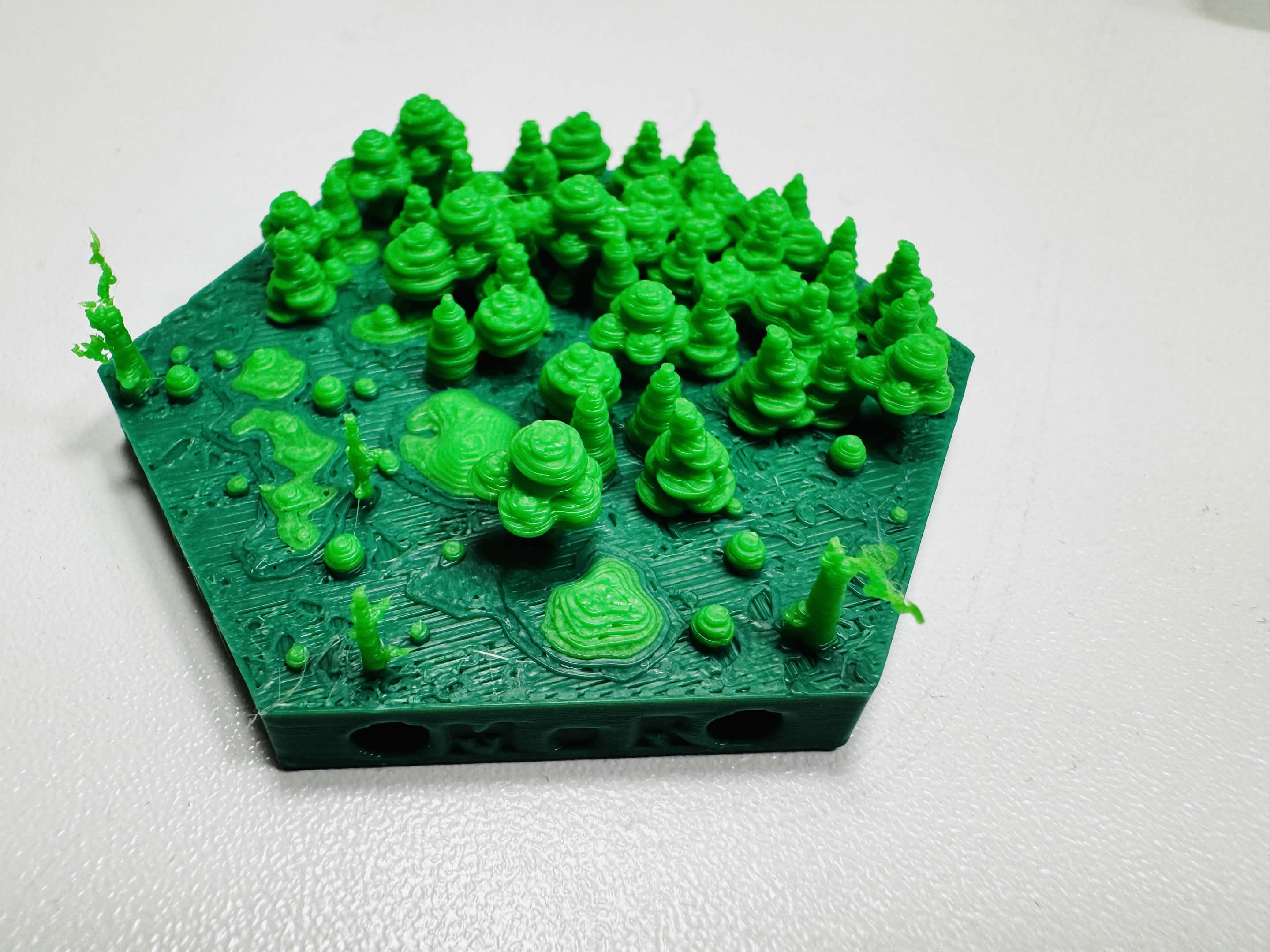 Photo of a single hex tile representing the transition from open country to forest. In the tile you see the holes were you later fit the magnet. The tile is printed with two colors (dark and bright green). The switch between the colors occurs at a certain layer of the print.