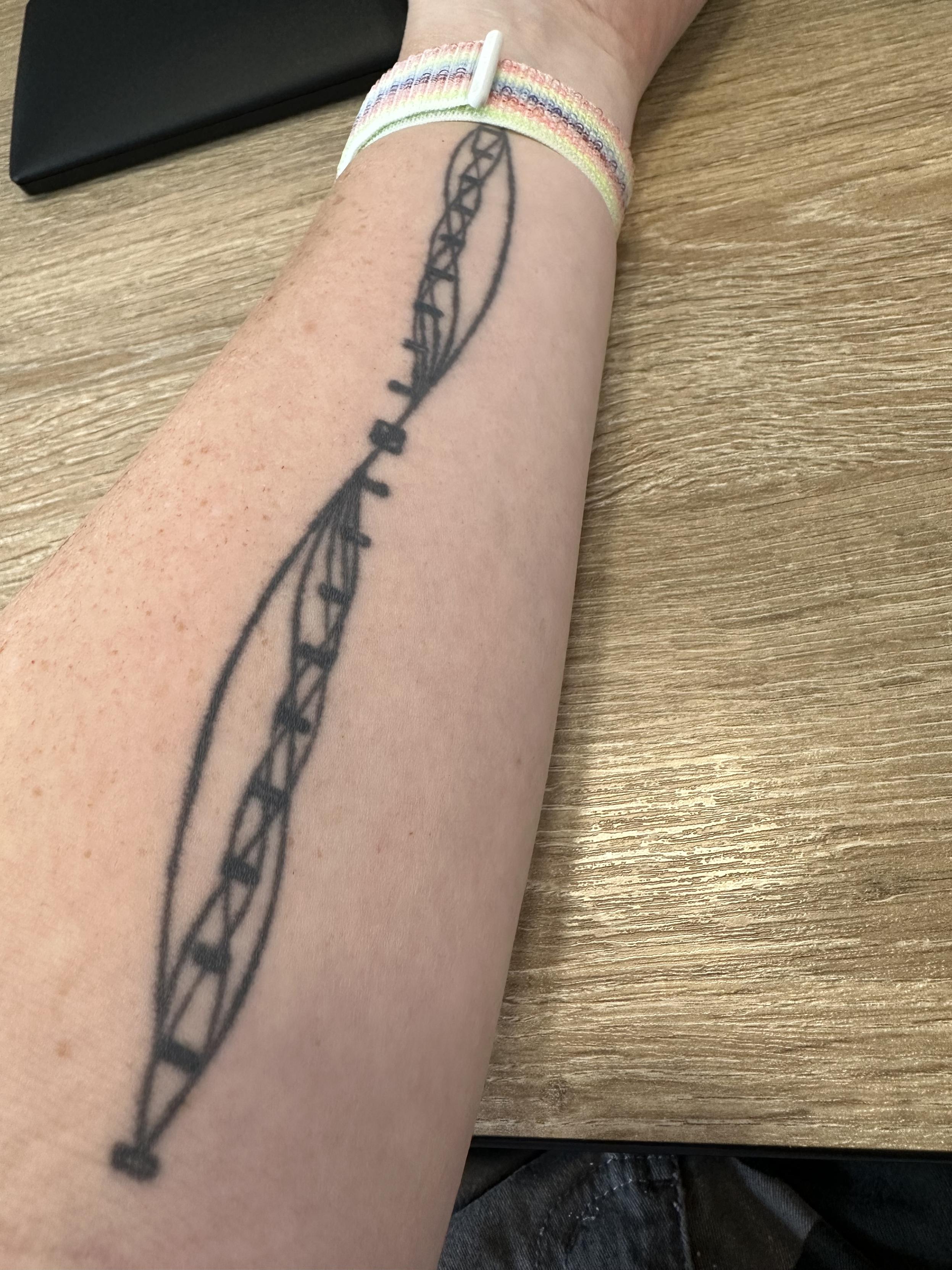 A picture of a person’s arm with a tattoo. It has wavy lines and check marks along it. Almost as if it were used for measuring things.