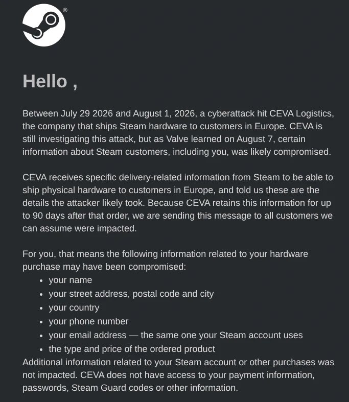 Steam email regarding 3rd party breach