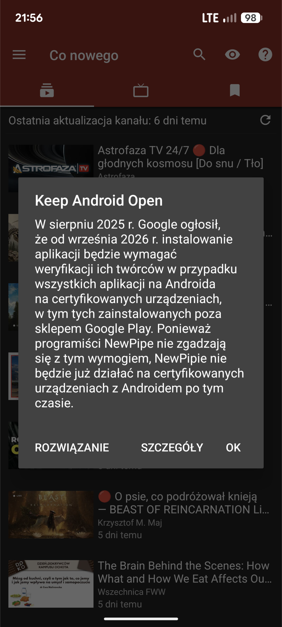 Informacja od twórców NewPipe'a o zaprzestaniu działania aplikacji od września br.