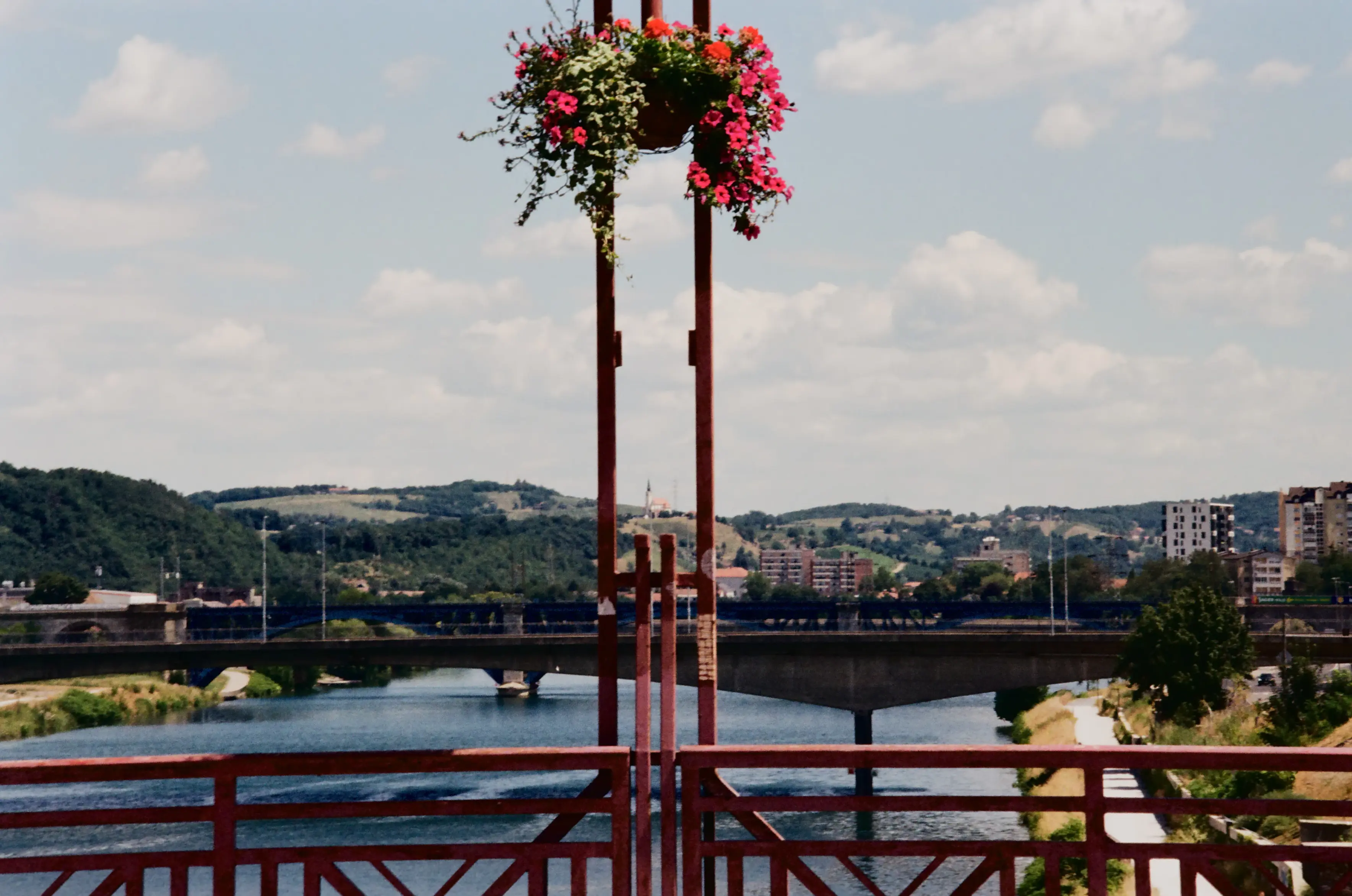 A hanging basket overflowing with pink & red flowers on top of two poles of a red, metallic bridge railing overlooking the Drava river. Perfectly between the two poles is a church in the far distance on a hill. Honestly, a beautiful shot if I must say so myself.