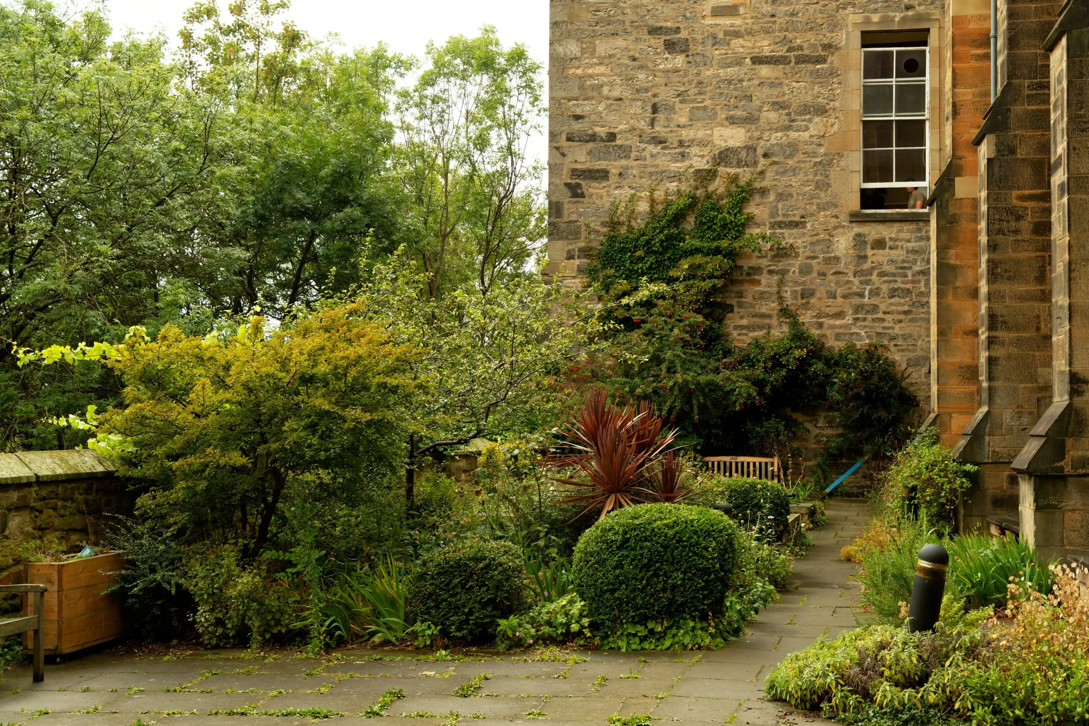 A stone paved path winds through a terraced garden with rounded shrubs and grasses toward a multi-story stone building with a bench and climbing plants, where a figure stands in a window. A low stone wall and planter box sit on the left, and a bollard is in the foreground.