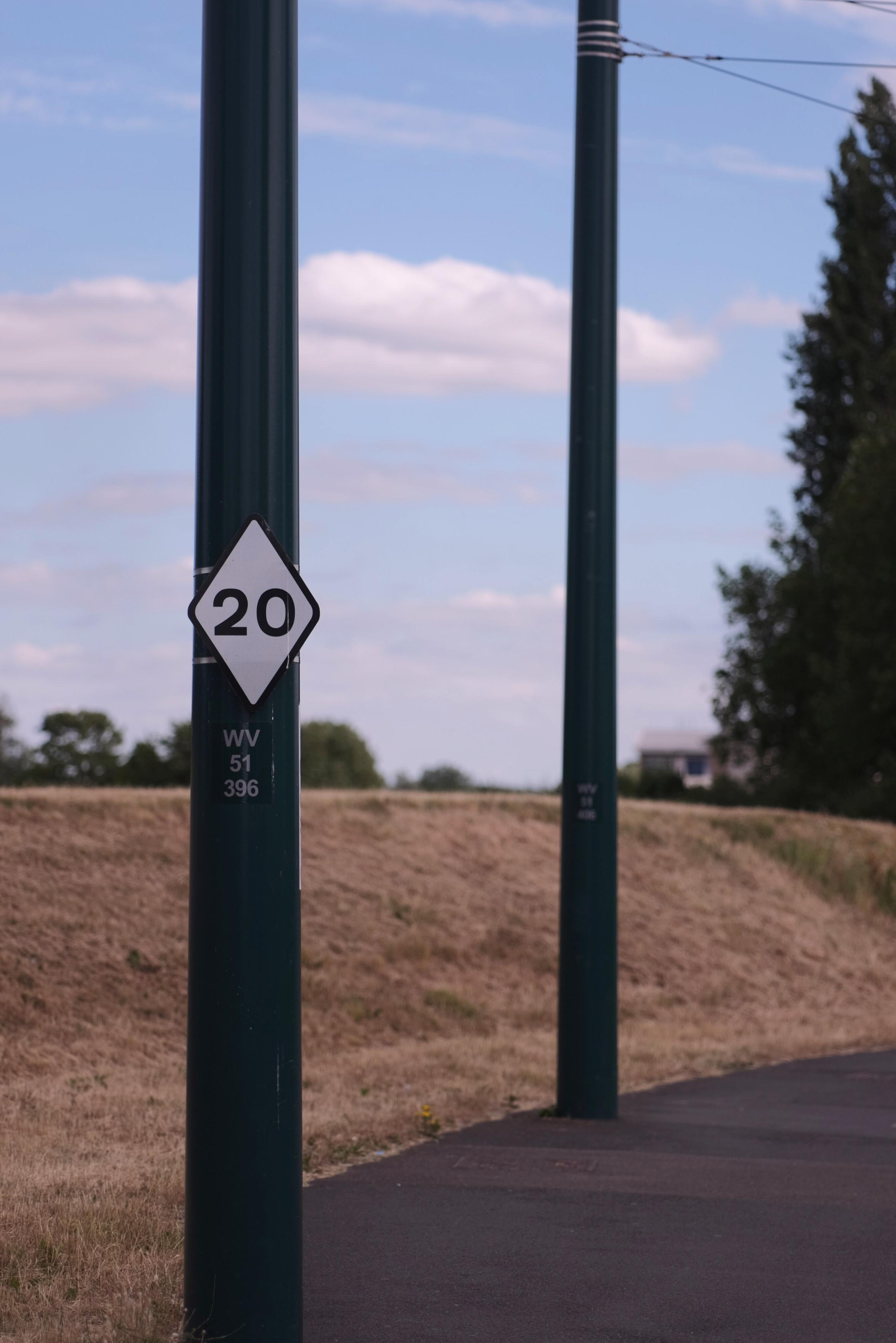 Dark green pole displaying a white diamond sign reading "20" next to an asphalt path and a dry grassy embankment. Below the sign, the pole is marked with "WV", "51", and "396". A second pole, distant trees, and a cloudy blue sky are visible in the background.