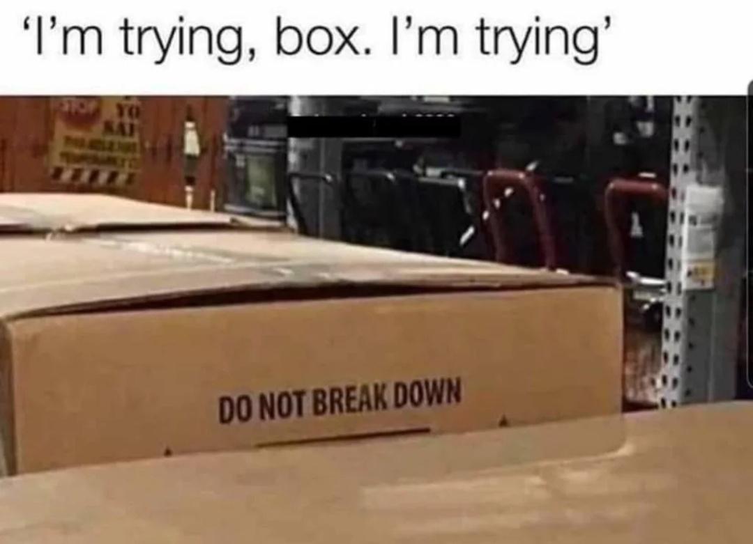 Photo of a box with writing on it that reads, DO NOT BREAK DOWN 

Caption at the top is ‘I'm trying box. I'm trying’