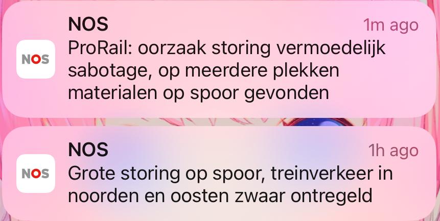headlines in Dutch: great disturbance on tracks, train traffic in north and east severely out of order / cause of disturbance seems to be sabotage, stuff found lying on multiple tracks