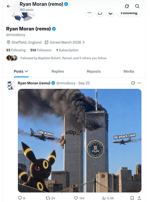 A taunting meme uploaded to Twitter/X by Rey’s now-defunct account on Sept. 22. A giant float-sized version of the Pokemon character Umbreon can be seen in the bottom left of this AI edited image, which shows one plane labeled "clop drama" and one labeled "Fbi leak" about to crash into a burning World Trade Center.