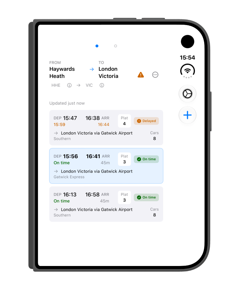 Next3trains app on the iOS 27.1 simulator, showing the app with the iPhone Duo closed