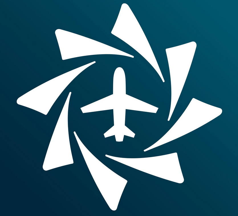 The logo for Jeppesen ForeFlight, a business unit divested last year by the aerospace firm Boeing. The logo features a gradient sea-green background, with an illustration of a passenger plane in the middle of a white circle, surrounded by by white wings in a spiral fashion..