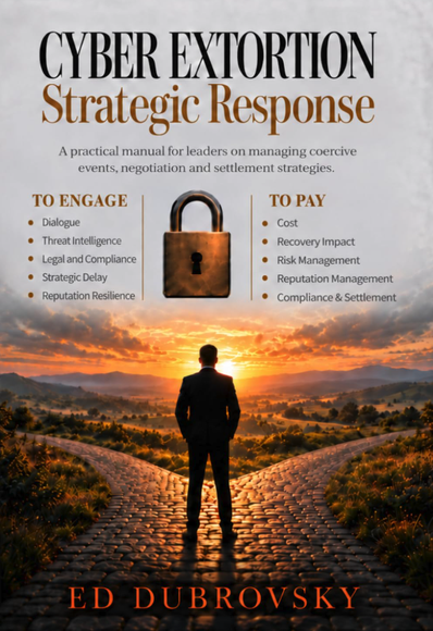 A book cover picture on Amazon, of a book called
Cyber Extortion Strategic Response
by Ed Dubrovsky. 

A practice manual for leaders on managing coercive events, negotiation and settlement strategies, is the tagline.

The cover art shows a man in a suit with his back to us and facing a sunset and a brick path that diverges in front of him. Beyond is a misty countryside and mountains.