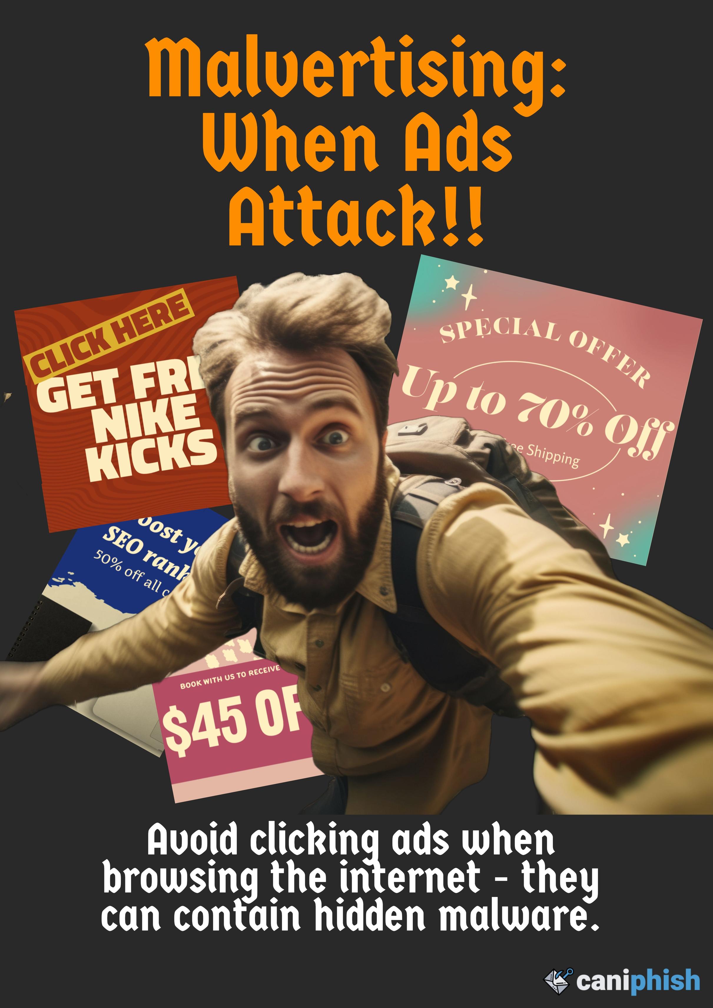 Text "Malvertising: When ads Attack!!" above a man looking like he is running scared away from online ads above the text "Avoid clicking ads when browsing the internet - they can contain hidden malware." from caniphish
