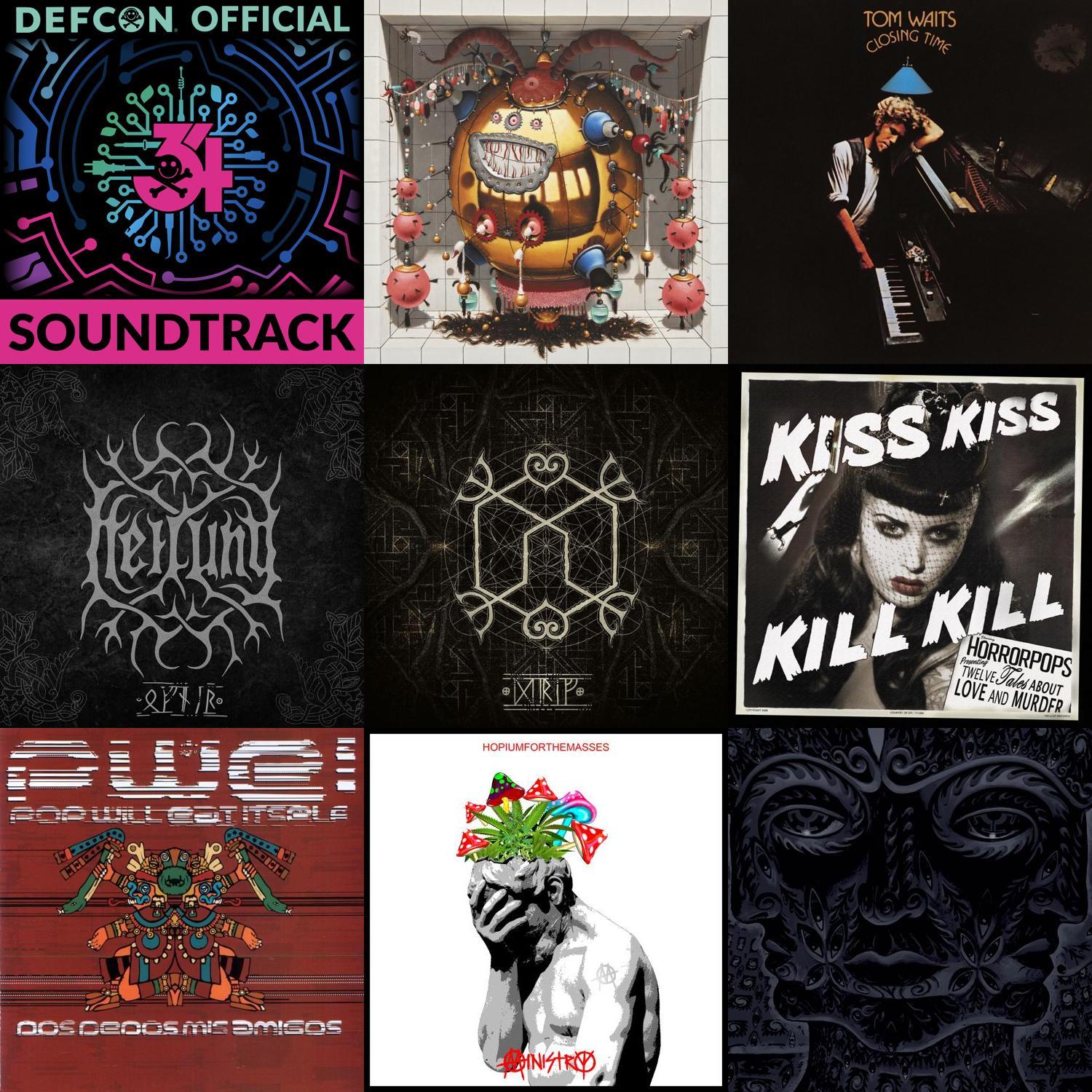 A square grid of photos of bands read from left to right, top to bottom, DEF CON Communications - DEF CON 34: The Official Soundtrack, Orbital - Optical Delusion (Super Deluxe), Tom Waits - Closing Time, Heilung - Ofnir, Heilung - Drif, HorrorPops - Kiss Kiss Kill Kill, Pop Will Eat Itself - Dos Dedos Mis Amigos, Ministry - HOPIUMFORTHEMASSES, Tool - 10.000 Days