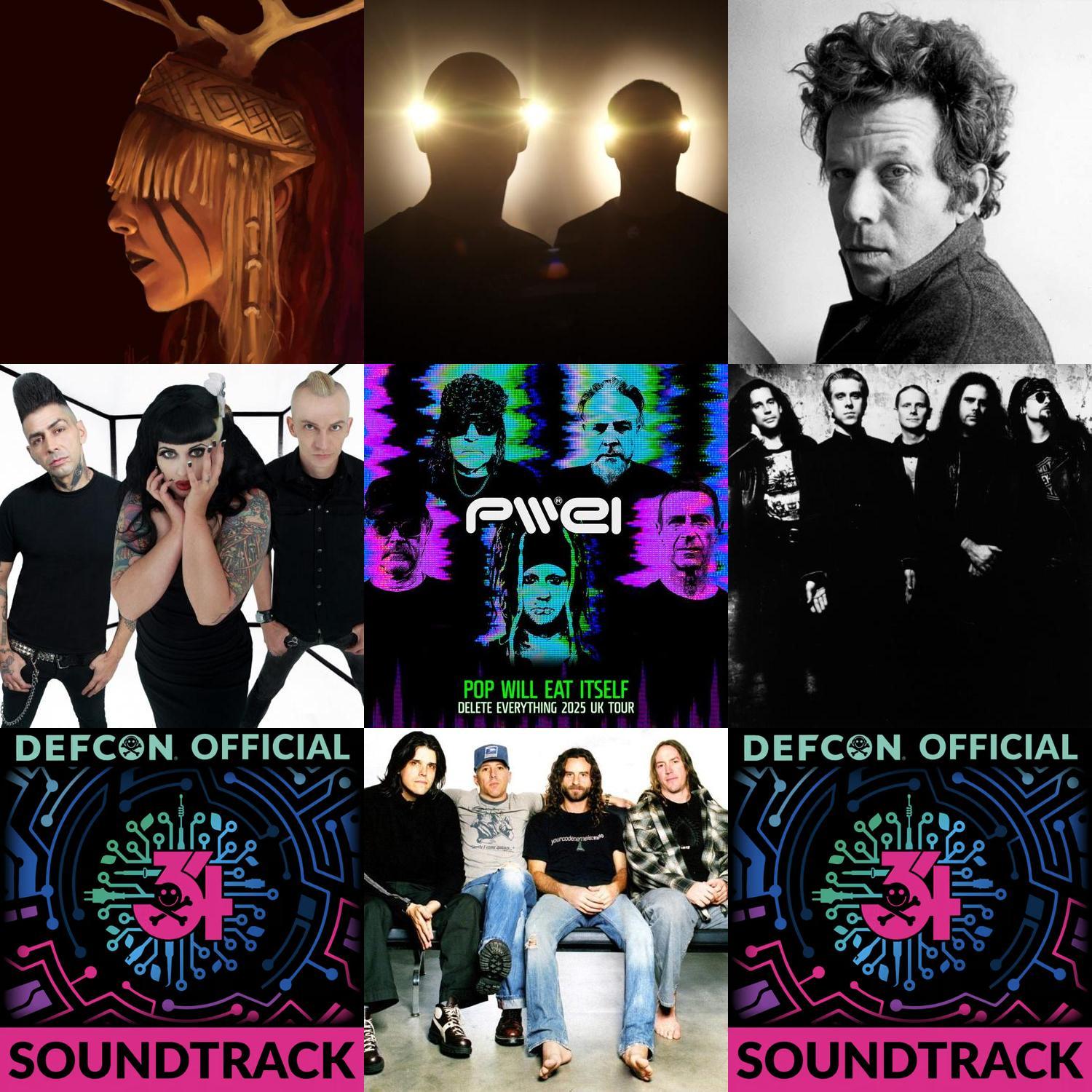 A square grid of photos of bands read from left to right, top to bottom, Heilung, Orbital, Tom Waits, HorrorPops, Pop Will Eat Itself, Ministry, "The Bedroom Rockers" Joey Muniz & Heidi Maroo, Tool, 1336