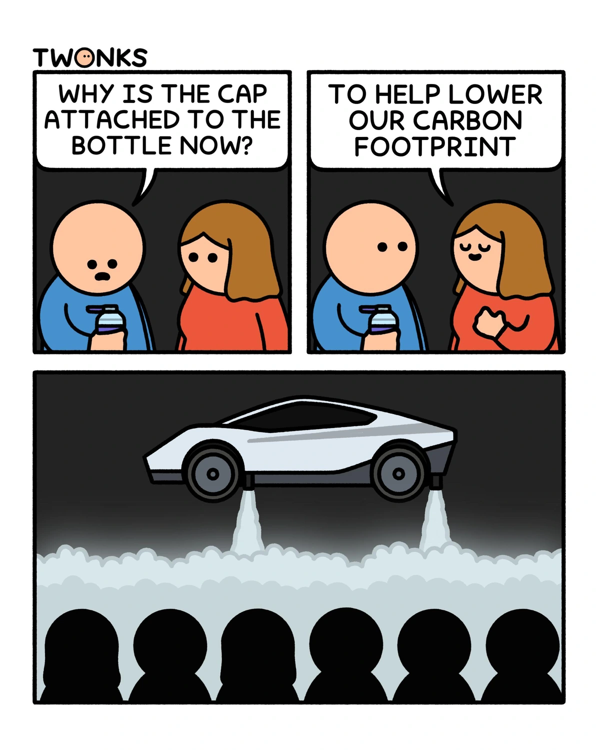 TWONKS
Panel 1: WHY IS THE CAP ATTACHED TO BOTTLE NOW?
Panel 2: TO HELP LOWER THE OUR CARBON FOOTPRINT
Panel 3: Tesla car rising up via multiple jets