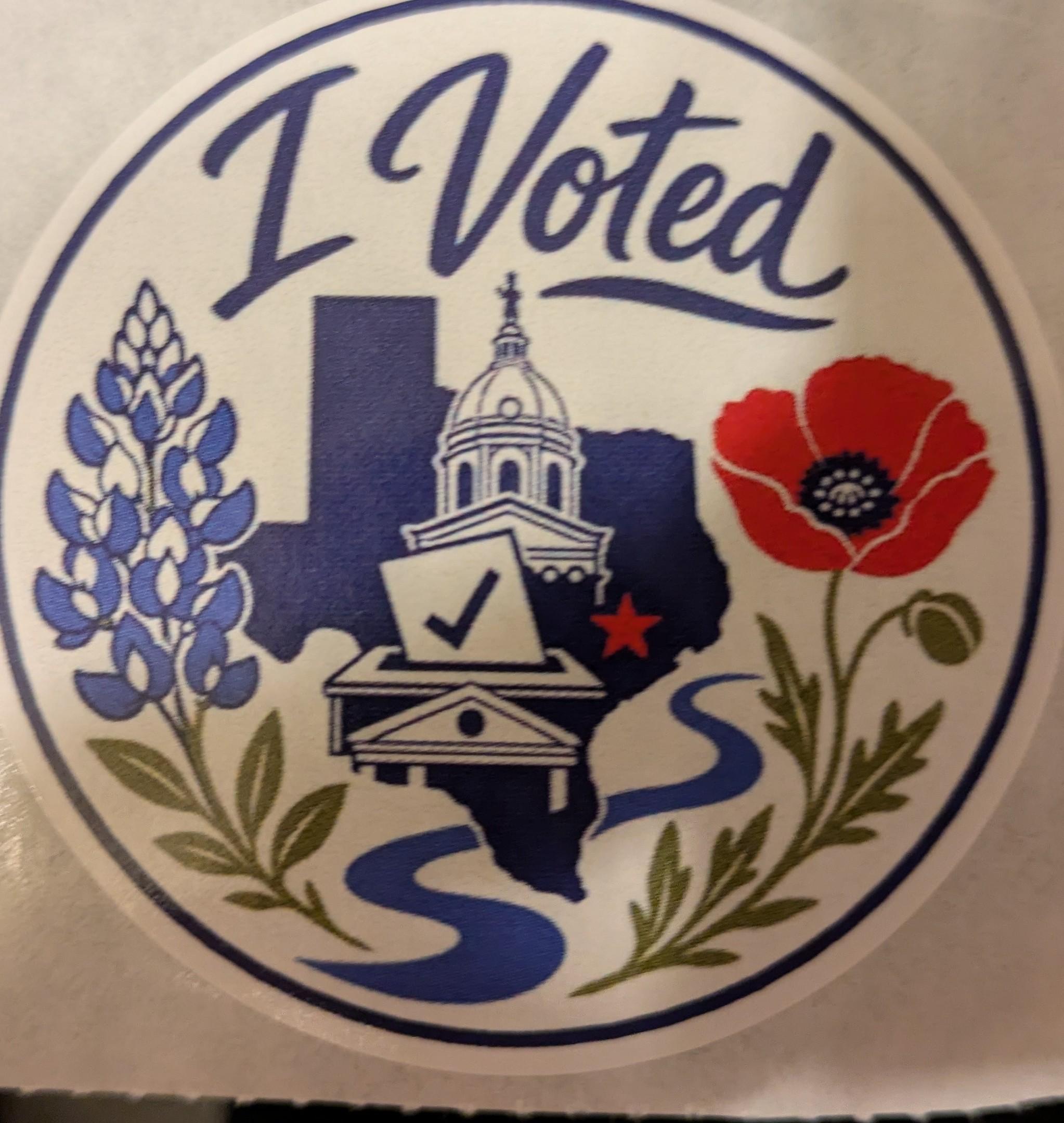 An "I voted" that shows a Bluebonnet, the state of Texas, the top of the capitol building, a ballot box and a red poppy.