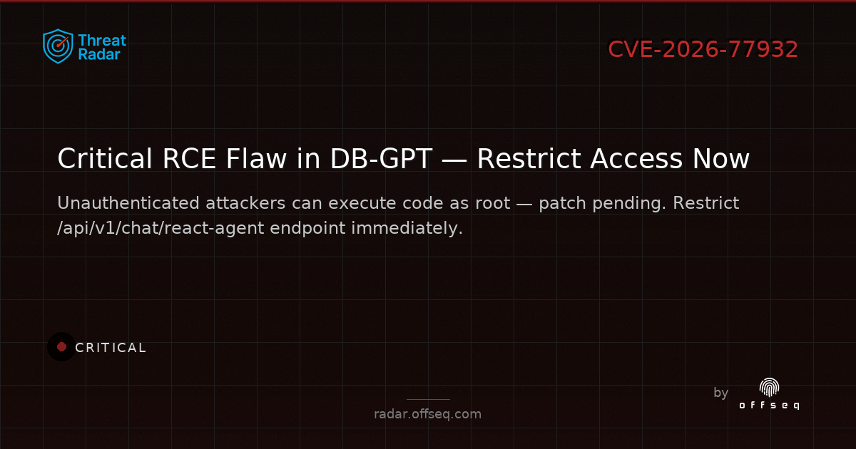 Critical threat: CVE-2026-77932: Missing Authentication for Critical Function in eosphoros-ai DB-GPT