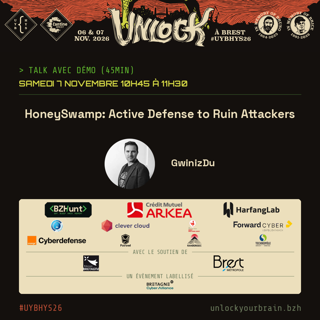 Carte d'annonce UYBHYS 2026 sur fond noir : HoneySwamp: Active Defense to Ruin Attackers, par GwinizDu, samedi 7 novembre 2026, 10h45 à 11h30, au Quartz à Brest.