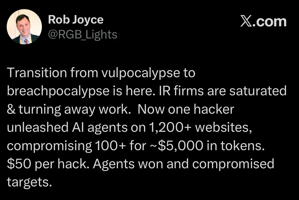 Rob Joyce commenting on IR overload and how this is driven by AI and the "vulnpocalypse"