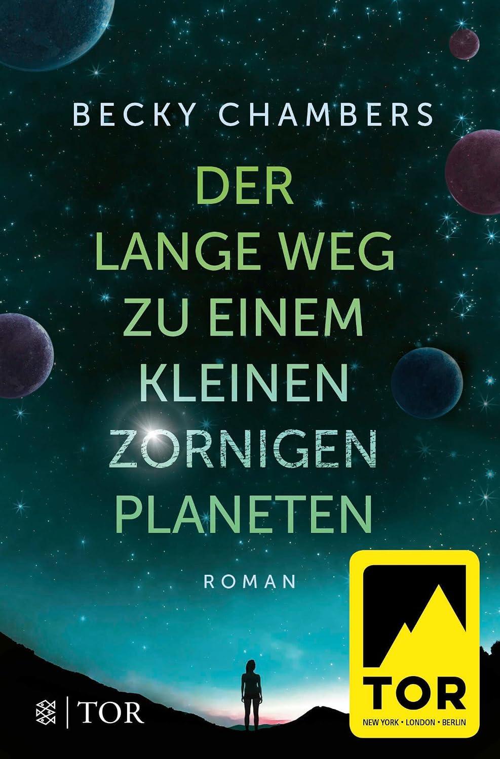 Cover des Buches "Der lange Weg zu einem kleinen zornigen Planeten" von Becky Chambers. Der Schemen einer Person ist vor einem Sternenhimmel mit Planeten zu sehen.