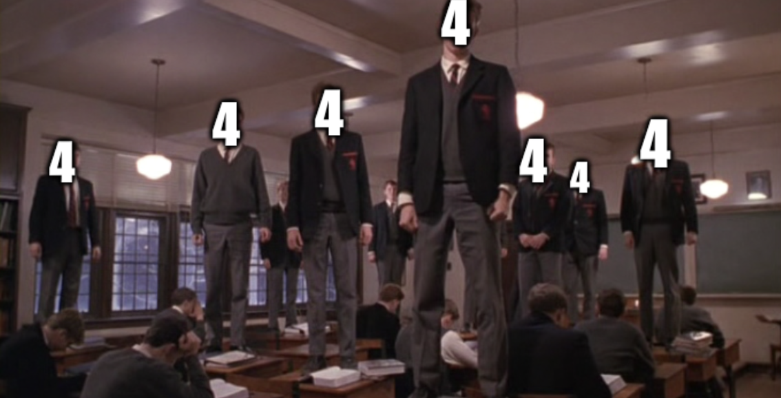 Screen cap of the Dead Poets Society oh captain, my captain! With 4 over peoples heads.