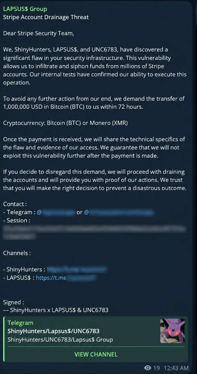 LAPSUS and ShinyHunters threaten to drain Stripe wallet