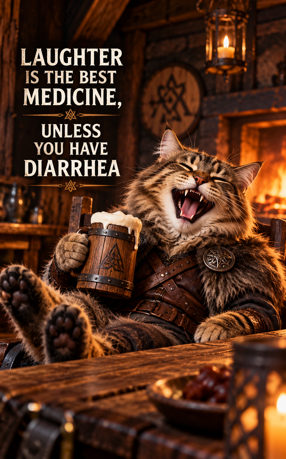 AI generated viking'ish cat with a muc o mead sitting in a chair in the hall, haead leaned back in a hearty laugh.
Text:
Laughter
is the best
Medicine,
unless
you have
Diarrhea