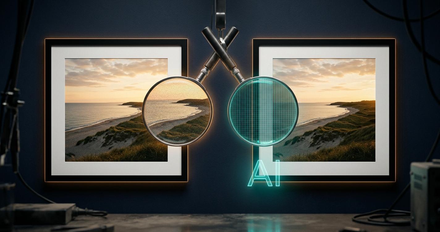 Which is real or fake illustration. Two magnifying glasses one over real and the other over AI generated, both looks the same, hard to tell the difference