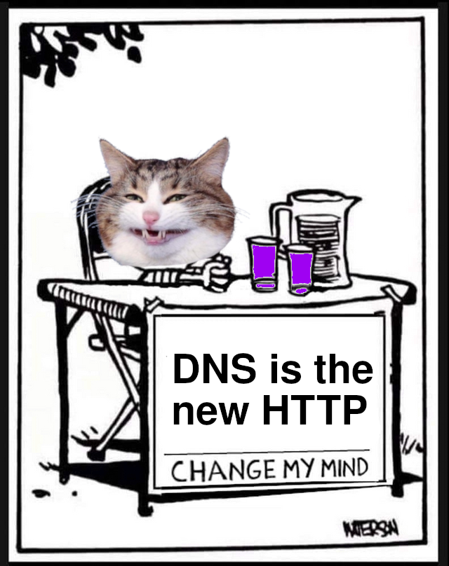 Calvin from Calvin and Hobbes with a catte head, sitting at a table to sell his purple drank, and a sign that says "DNS is the new HTTP. Change my mind."