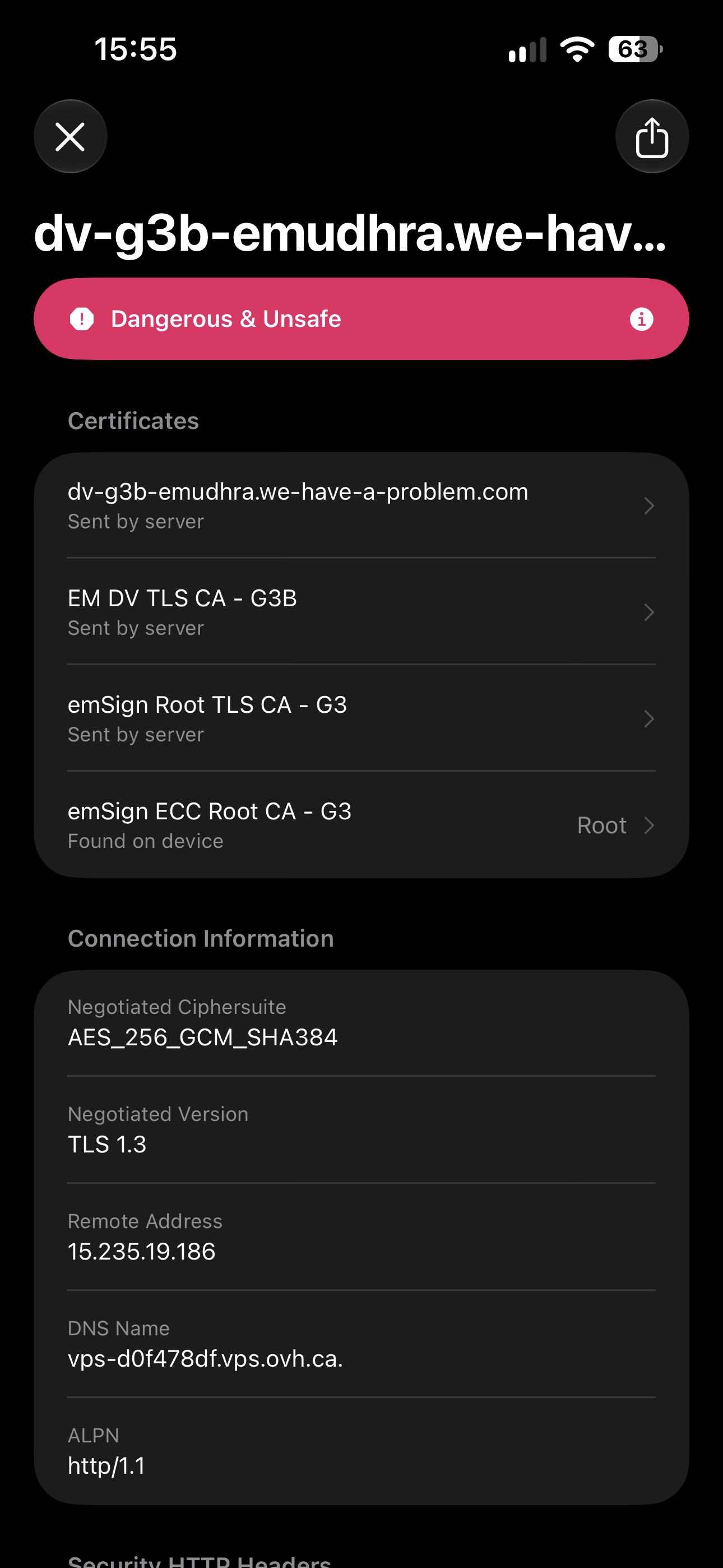 A screenshot of TLS Inspector showing a "dangerous and unsafe" warning