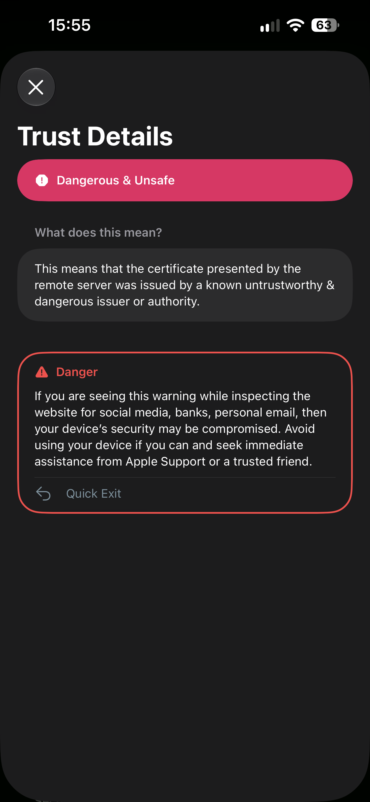A screenshot of TLS Inspector with a red banner that reads "Dangerous & Unsafe." The text warns that the certificate is from a dangerous issuer and advises avoiding use and seeking help.