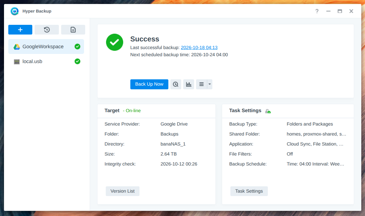 snapshot of my NAS backup software